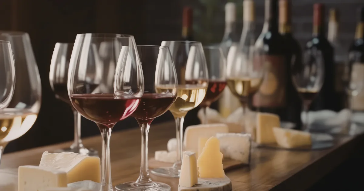 Glasses and cheese set along a counter with bottles behind, in low light.