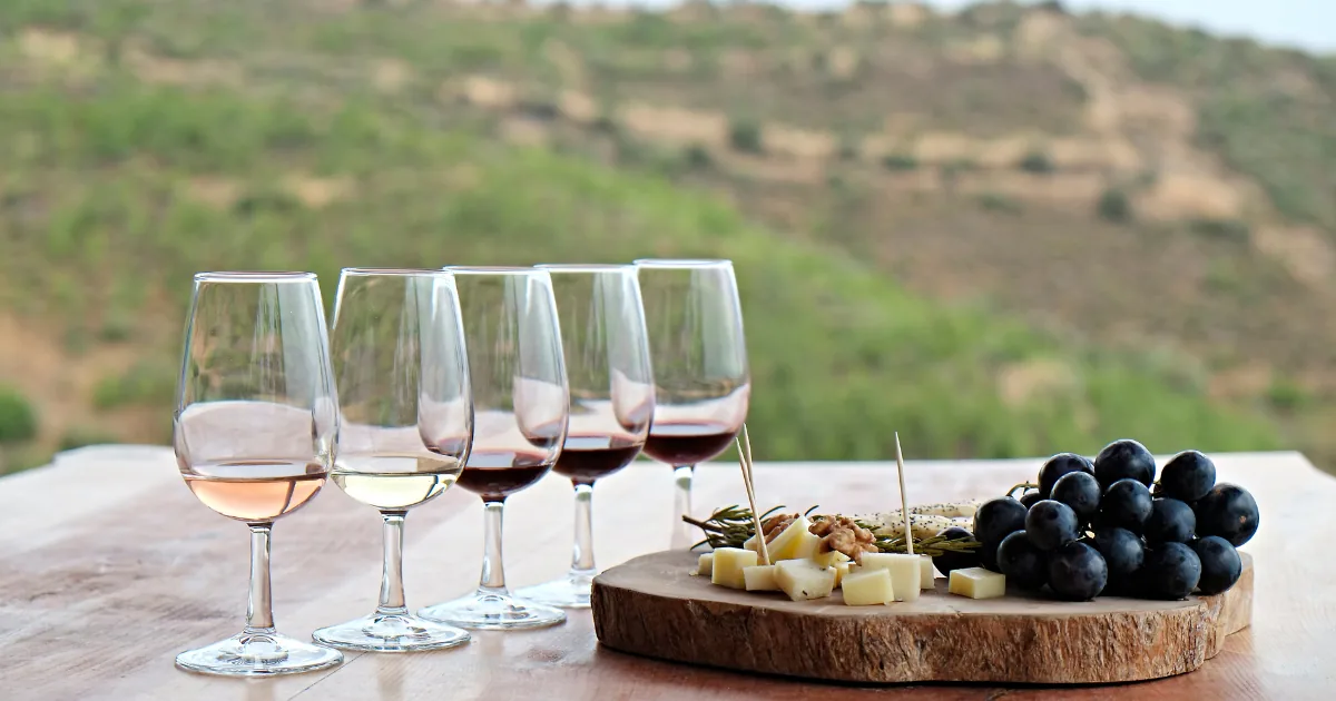 Five tasting glasses and a board of cheese and grapes above green hills.