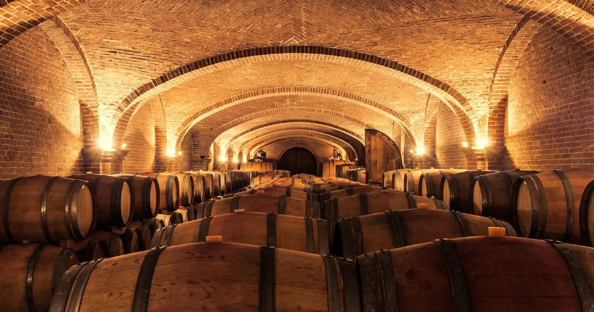 A brick vaulted cellar with oak barrels stacked down both sides.